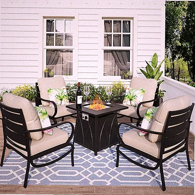 5 Pieces Patio Furniture Sets Outdoor Metal Sofas with Fire Table,Beige Cushion