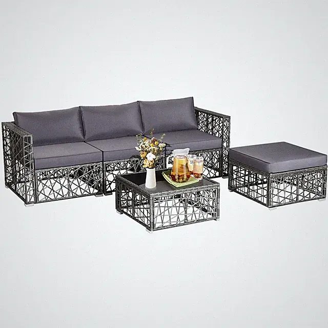 5 Pieces Patio PE Rattan Wicker Sofa Furniture Set Cushioned Outdoor Grey