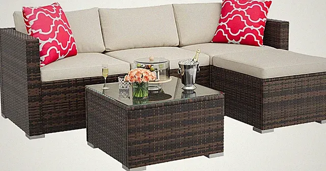 5 Pieces Patio Sectional Furniture Set, All Weather Wicker Rattan Sectional Sofa