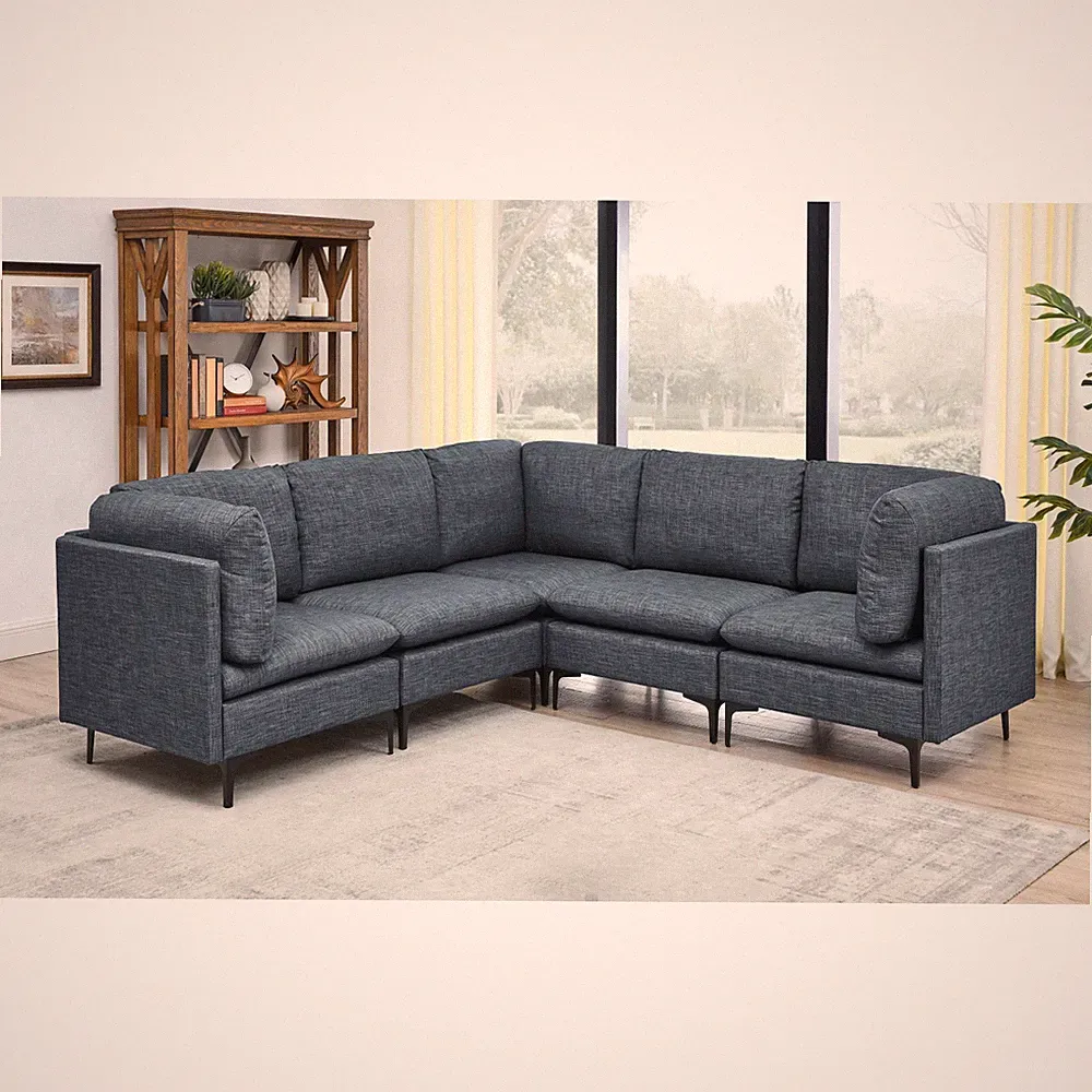 5 Seat Dark Blue Linen Modular Sectional Sofa with Metal Legs