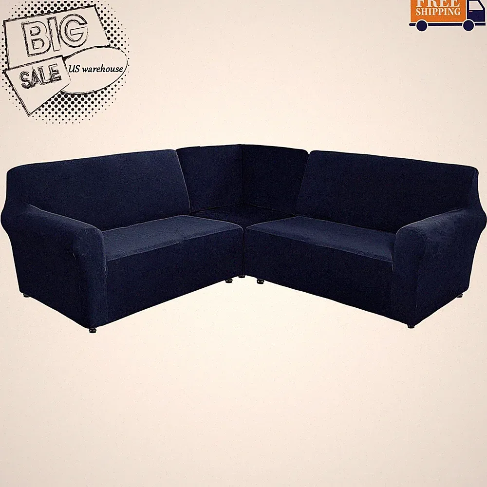 5 Seat L-Shaped Sectional Couch Slipcover 3 Piece Corner Sofa Cover Navy Blue