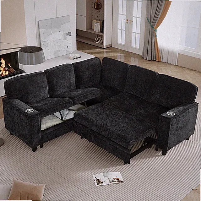 5-Seat L-Shaped Sectional Sofa Bed with Pull-Out Sleeper and USB Charcoal