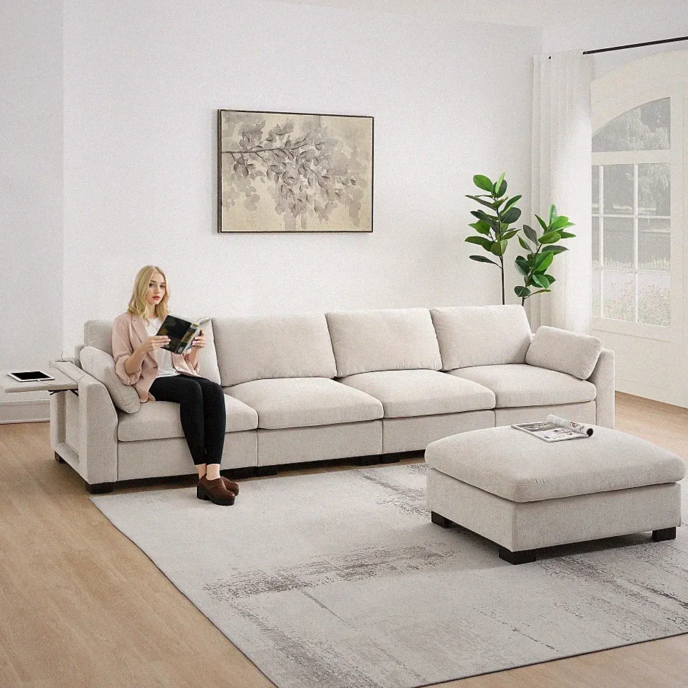 5-Seat L-Shaped Sectional Sofa w/Folding Table, USB Charging & Storage