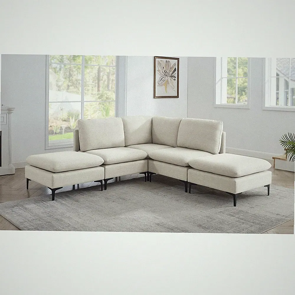 5 Seat Modular Sectional Sofa, Linen Fabric, Almond, w/ Metal Legs, Medium Firm