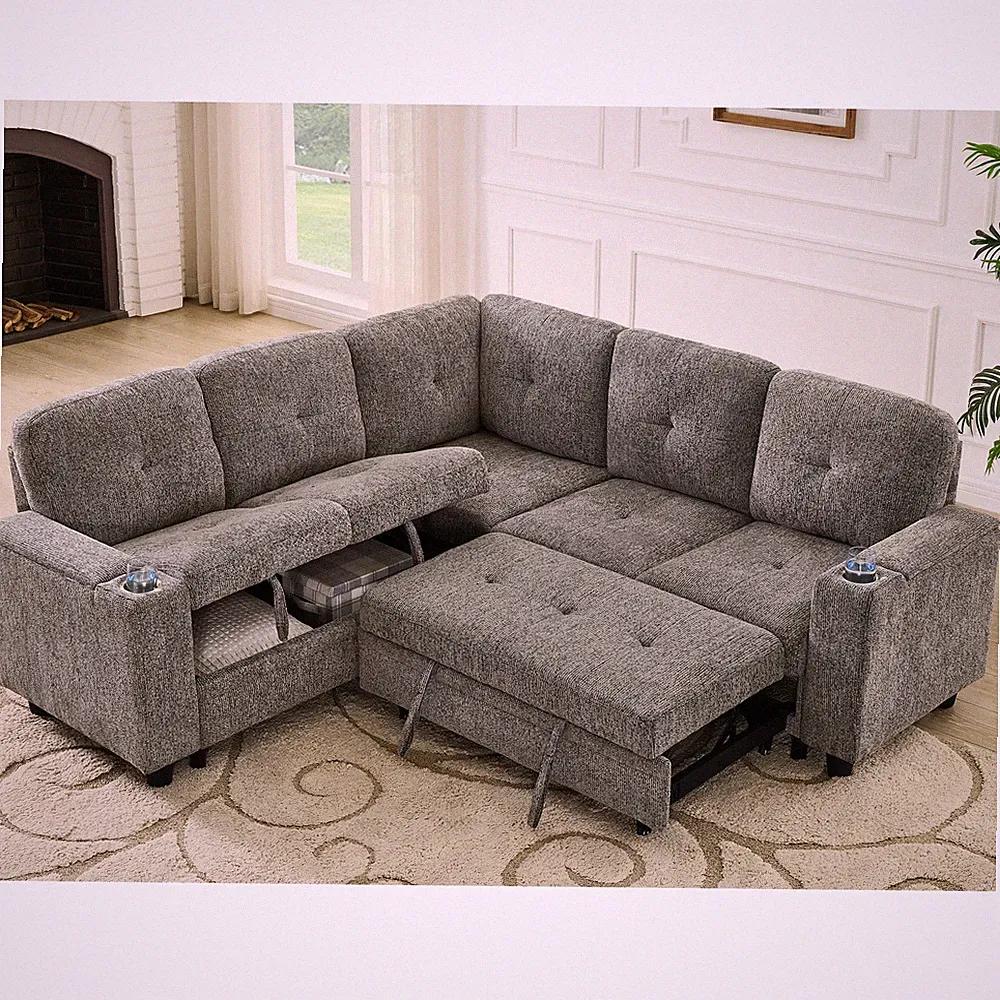 5 Seat Reversible L Shaped Sleeper Sofa,Pull Out Convertible Sectional Couch w/S