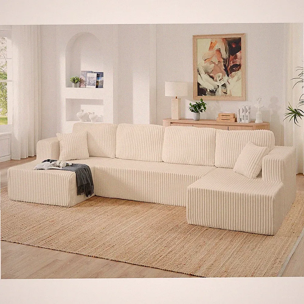 5 Seat U-Shape Sectional Sofa Sleeper, Corduroy Modern Living Room, Beige