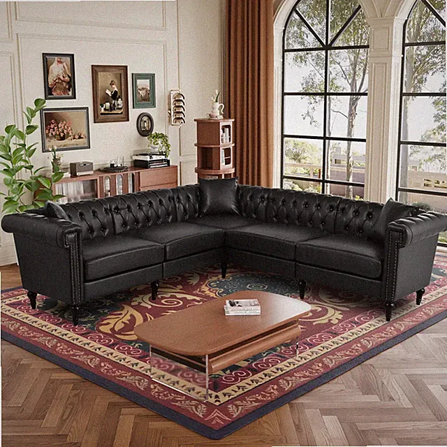 5-Seater L-Shaped Reversible Faux Leather Sectional Sofa with Rivets Black