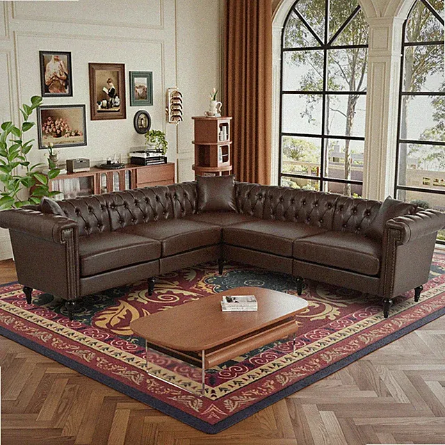 5-Seater L-Shaped Reversible Faux Leather Sectional Sofa with Rivets Brown