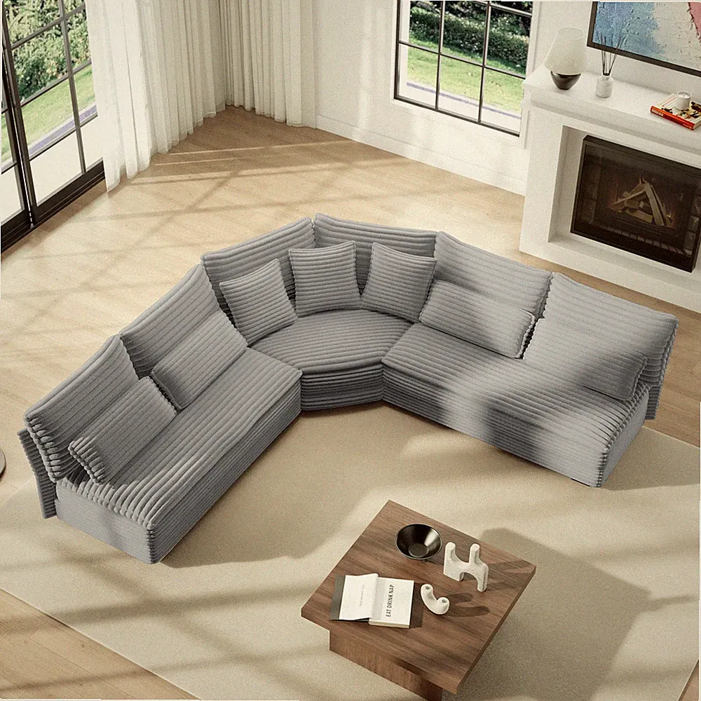 5-Seater L-Shaped Sectional Sofa with Curved Corner ?C Plush Corduroy Fabric, 7
