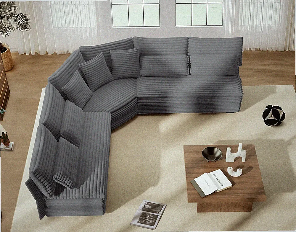 5-Seater L-Shaped Sectional Sofa with Curved Corner – Plush Corduroy Fabric, 7
