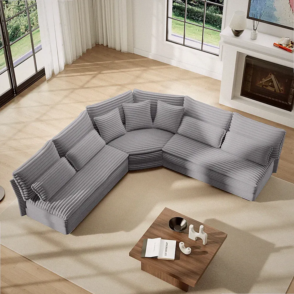 5-Seater L-Shaped Sectional Sofa with Curved Corner – Plush Corduroy Fabric, 7 P