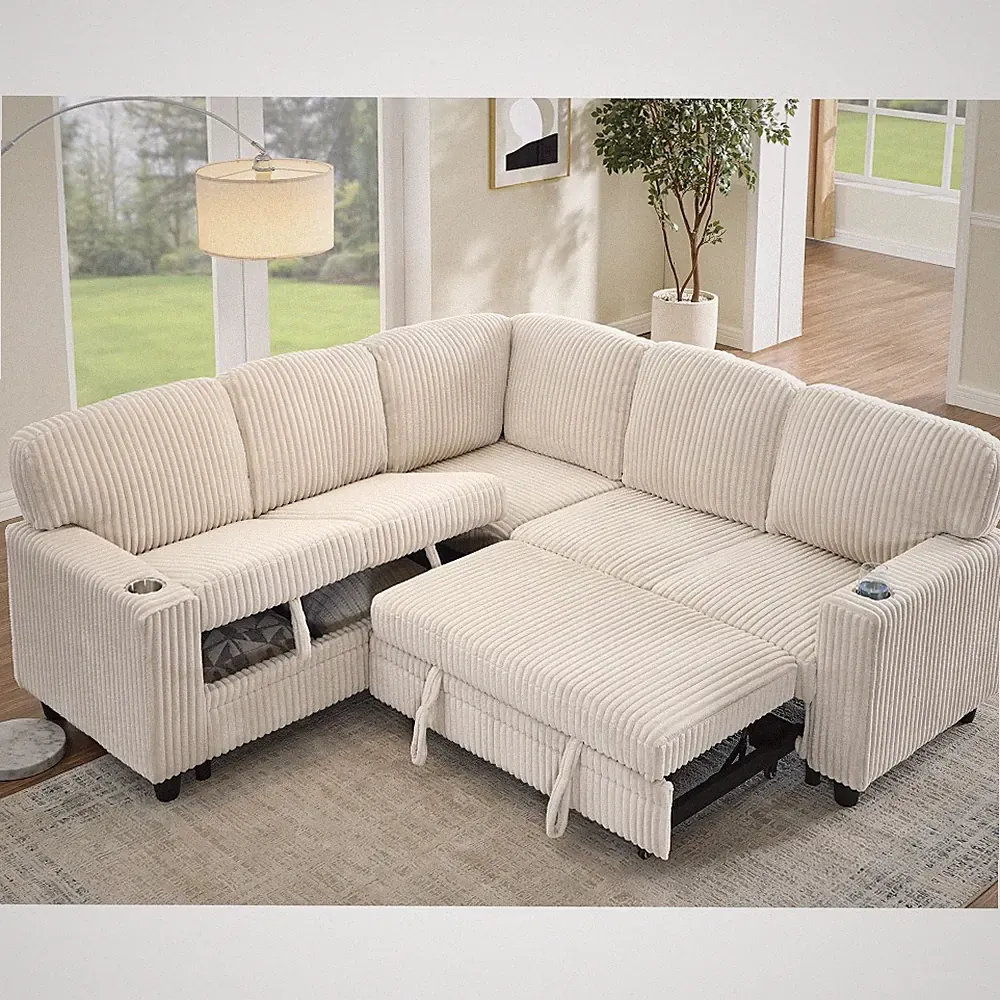 5-Seater L-Shaped Sleeper Sofa Bed with Storage & USB Ports, Beige