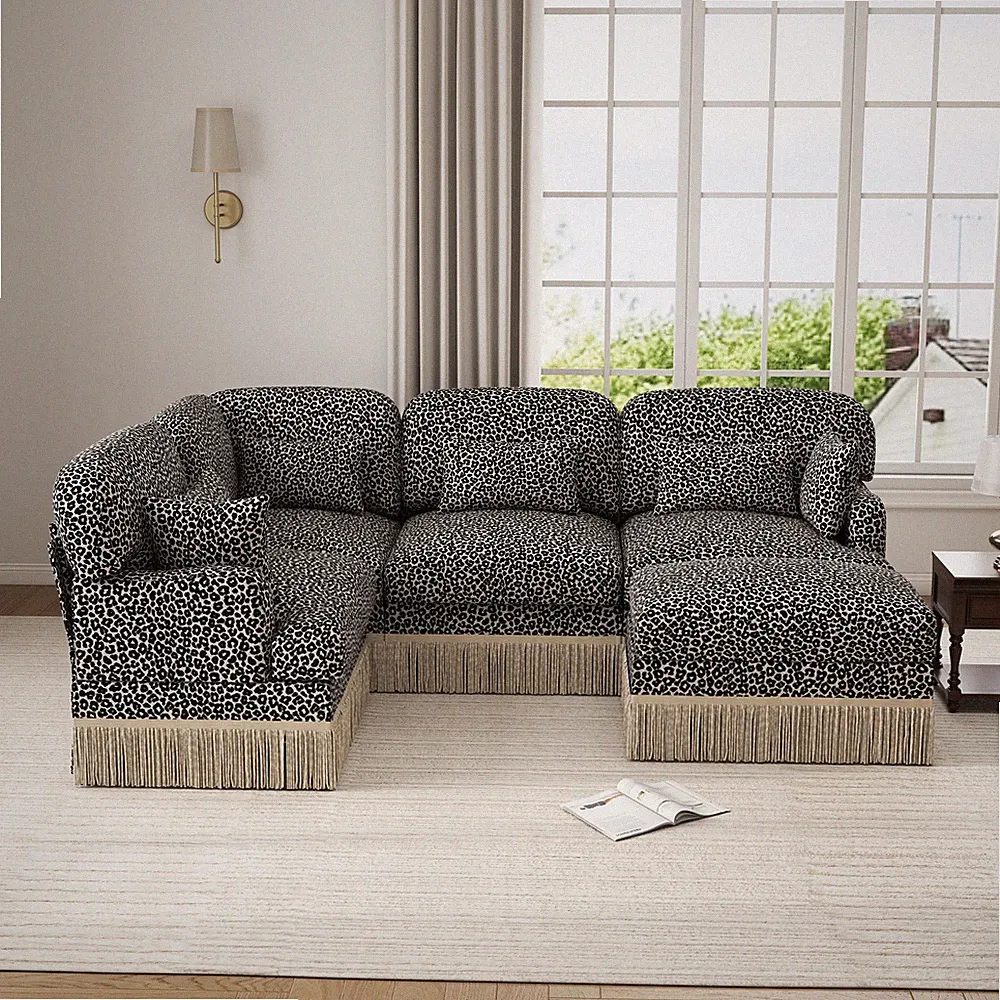 5-Seater Leopard Print Chenille Fabric Sectional Sofa with Ottoman and Pillows