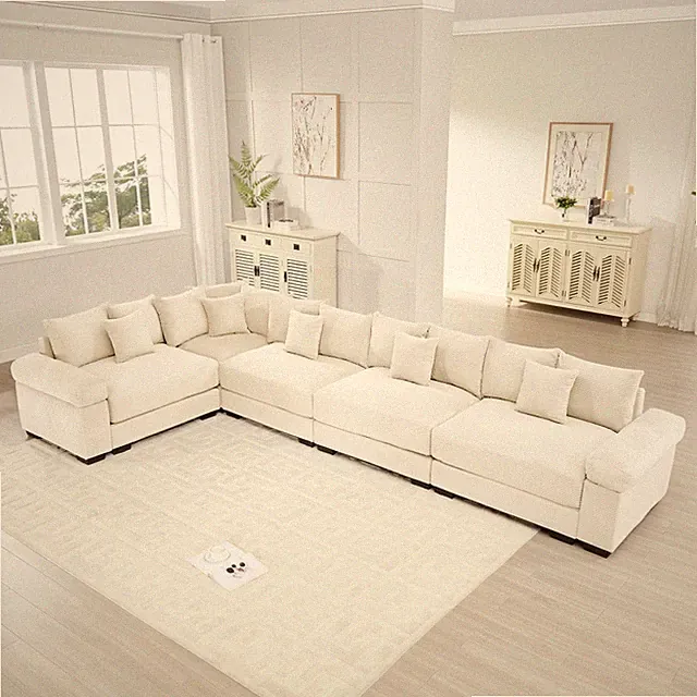 5 Seater Oversized Modular Sectional Sofa - Cream Corduroy w/ 18 Pillows