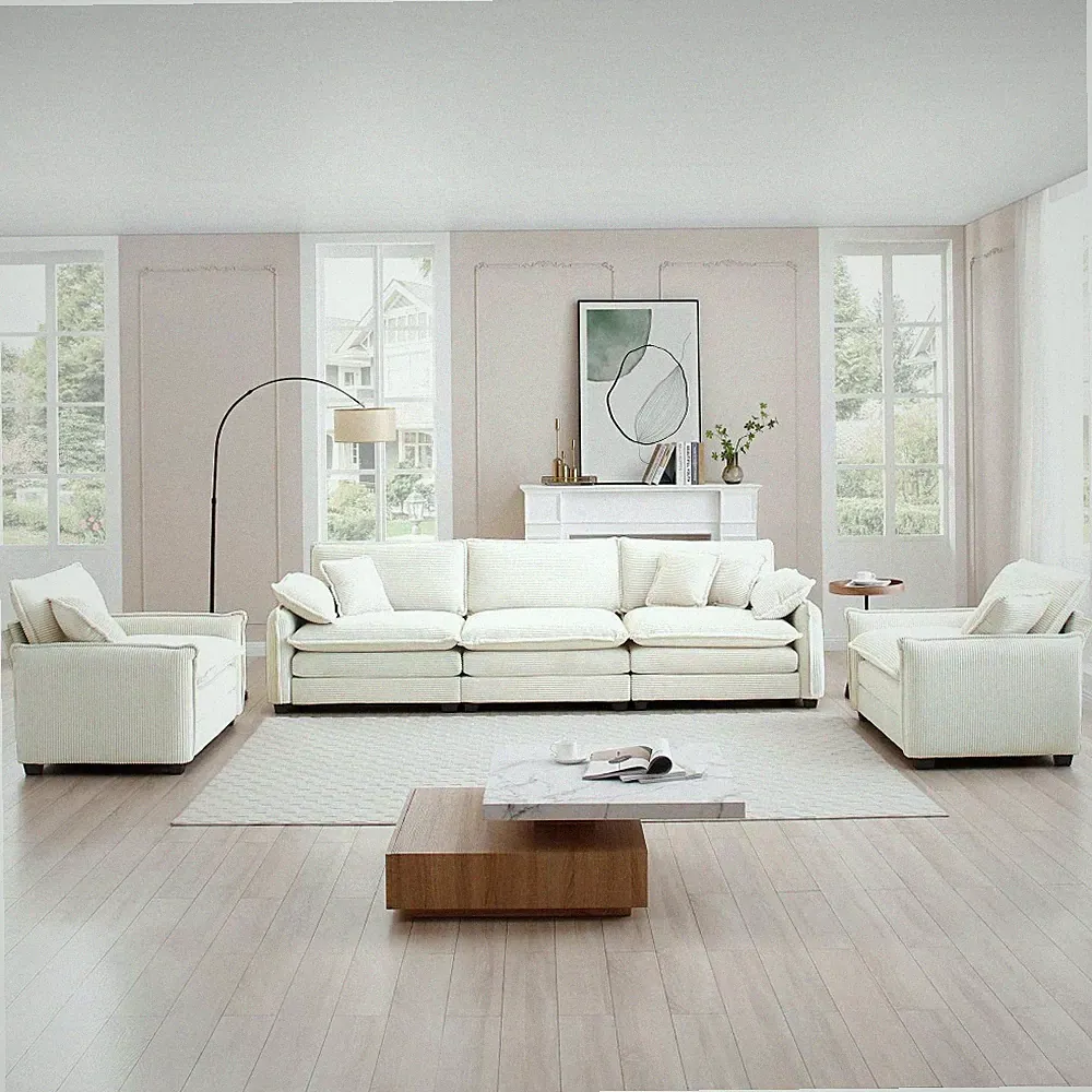 5 Seater Recliner Sectional Sofa Set w/Cushions, Corduroy Fabric, Beige
