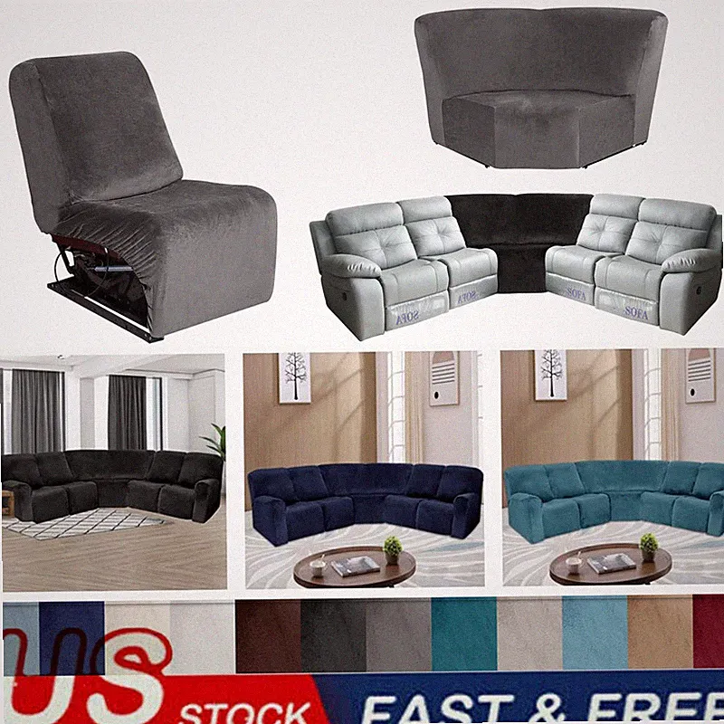 5-Seater Recliner Sofa Velvet Stretch Covers Curved L-Shaped Sectional Slipcover