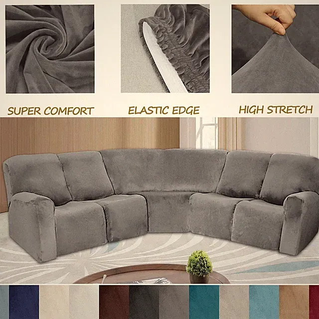 5-Seater Velvet Stretch Recliner Corner Sofa Couch Covers Curved Shape Sectional