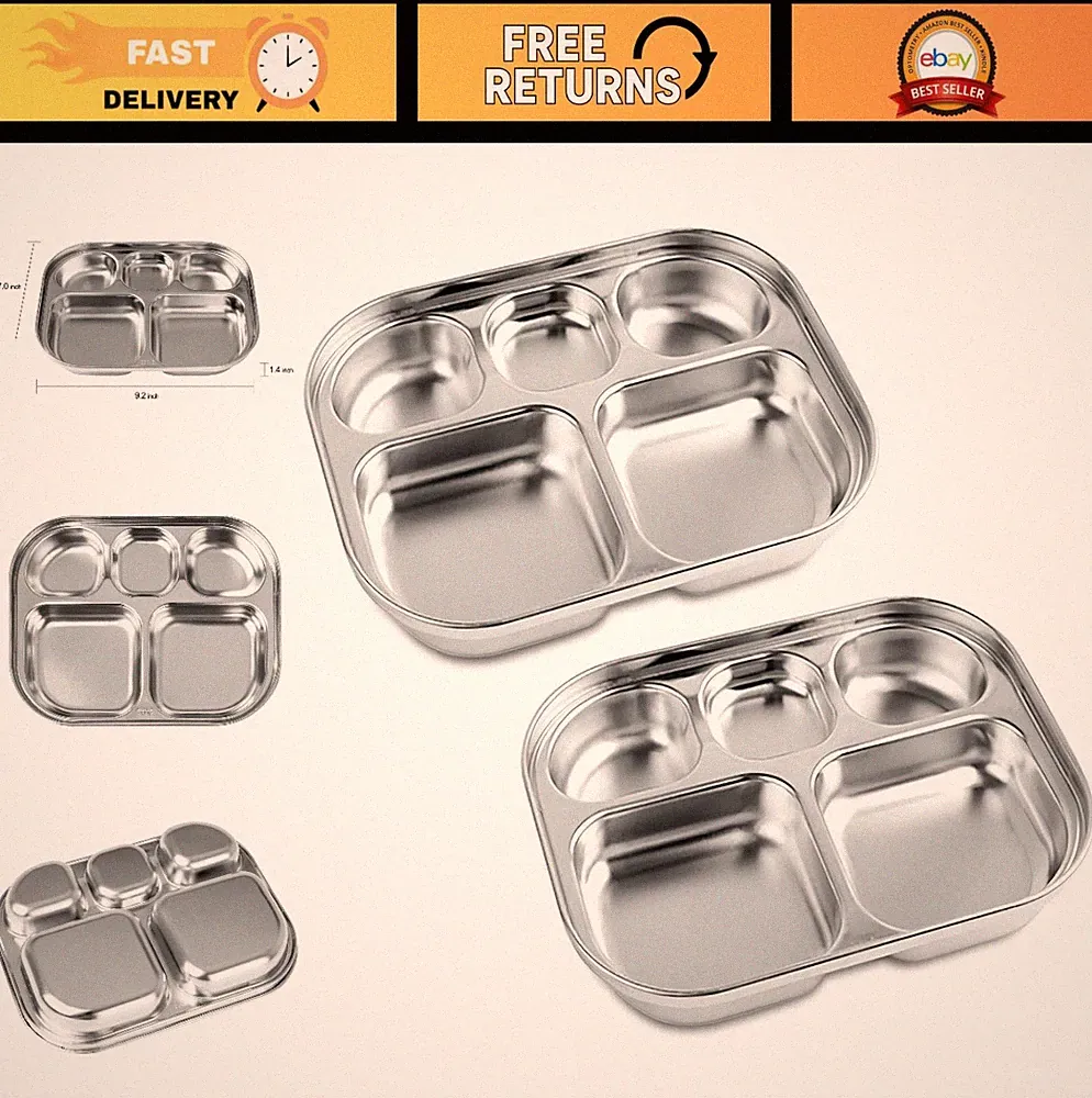 5-Section Stainless Steel Divided Plates for Kids & Toddlers - Compact Serving T