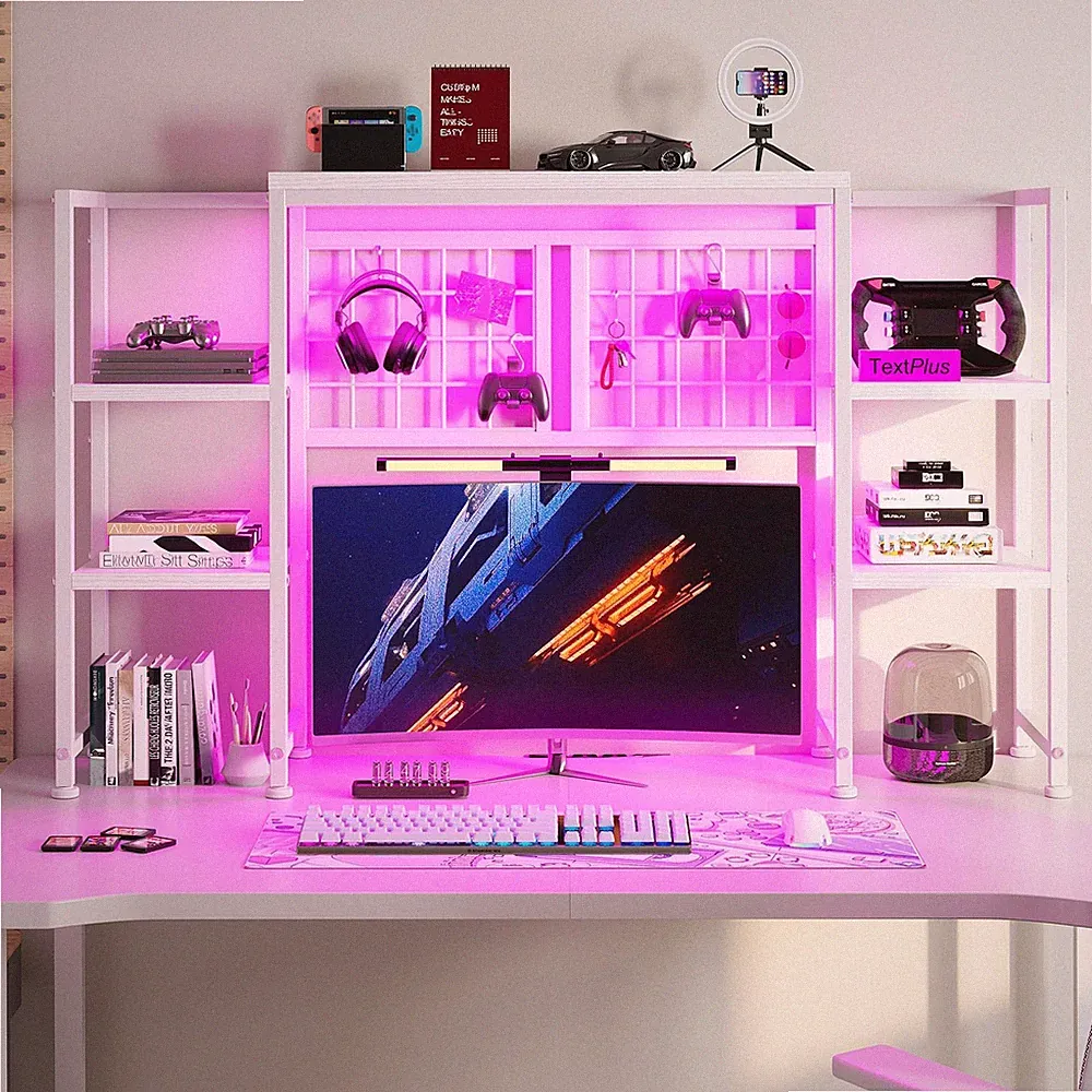 5-Tier Desk Shelf with LED for Home Office Dorm, White
