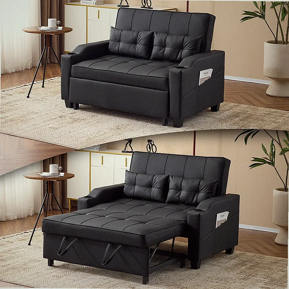 50" Convertible Loveseat Sleeper Sofa Bed Pullout Couch w/ USB & Cup Holders
