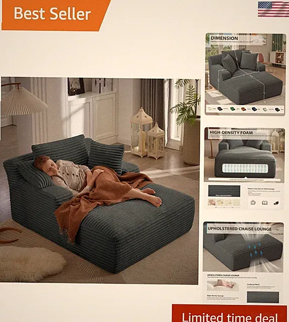 50 Inch Chaise Lounge Chair Indoor, Oversized Corduroy Upholstered Boneless S...