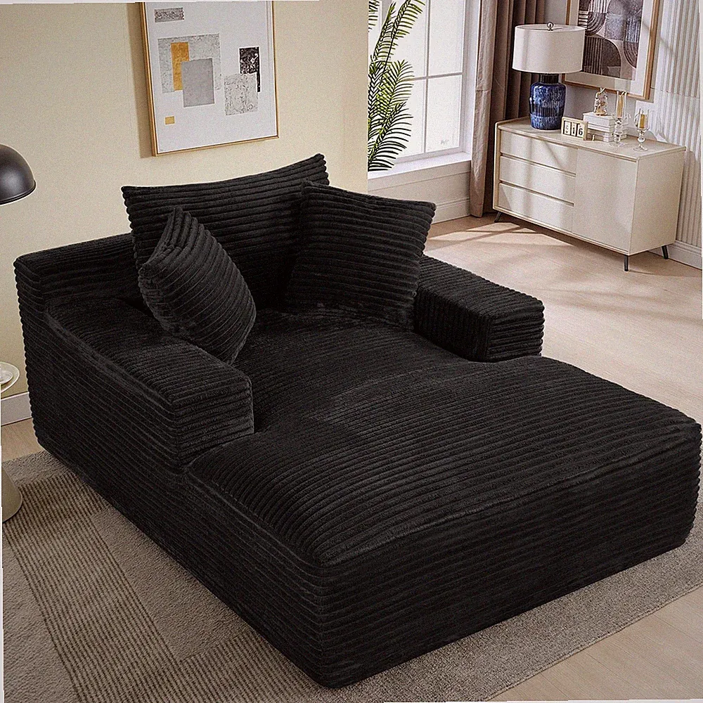 50" X 68" Corduroy Chaise Lounge, Boneless Sofa Bed, Black