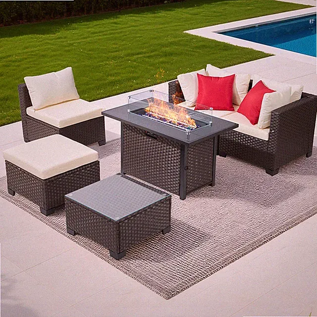 50000BTU Fire Pit Table Included – 6-Piece PE Wicker Patio Furniture Set