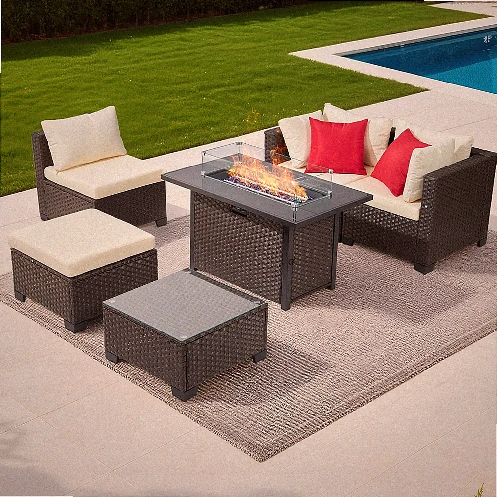 50000BTU Propane Fire Pit Outdoor Set: 6-Piece Rattan Sectional w/ Ottomans