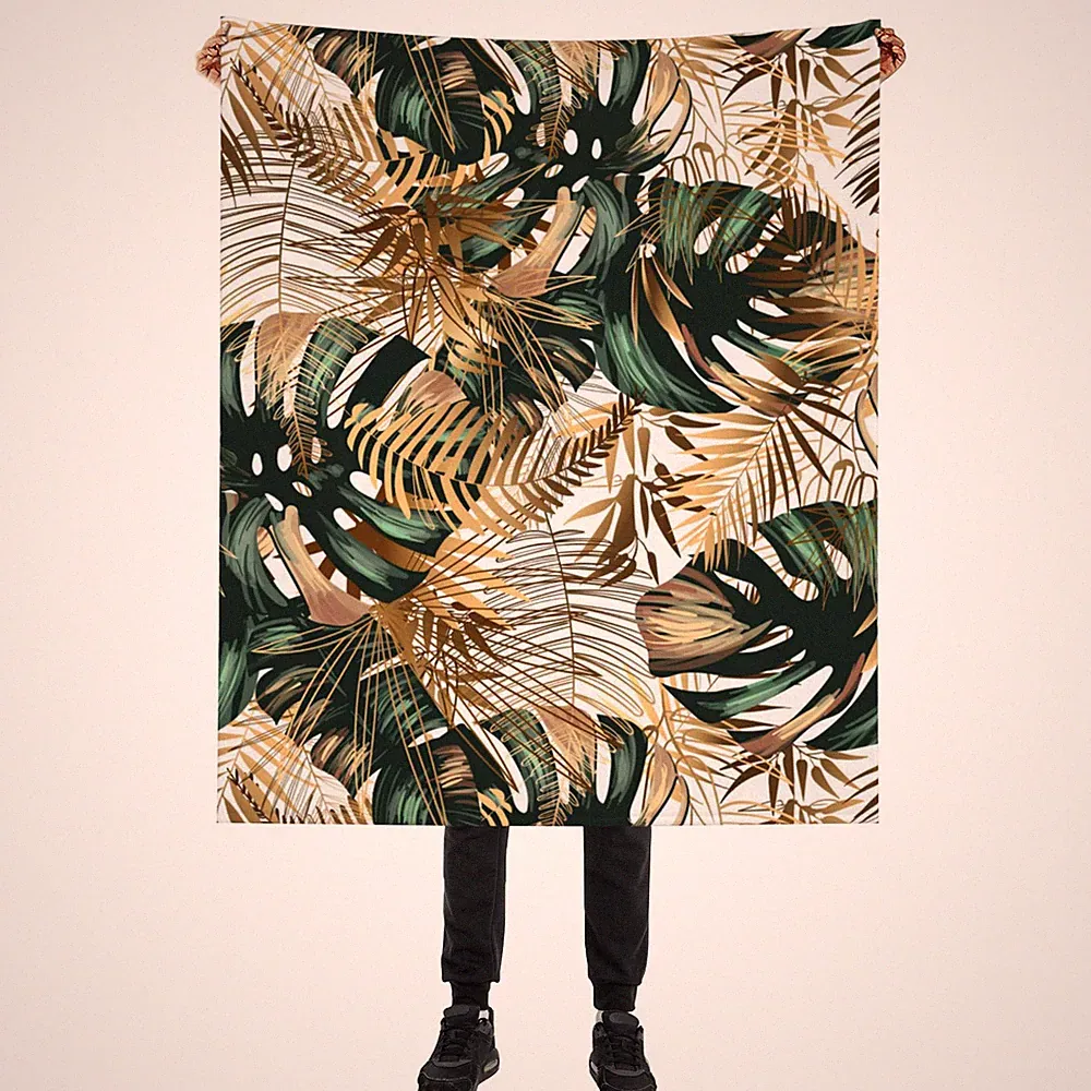 50x60 Inch Green Gold Palm Leaves Blanket Tropical Lightweight Throw Sofa Bed