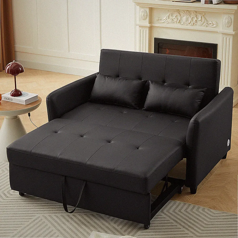 51.57" Black PU Convertible Sleeper Loveseat Sofa Bed 3 USB Ports Pull Out Couch