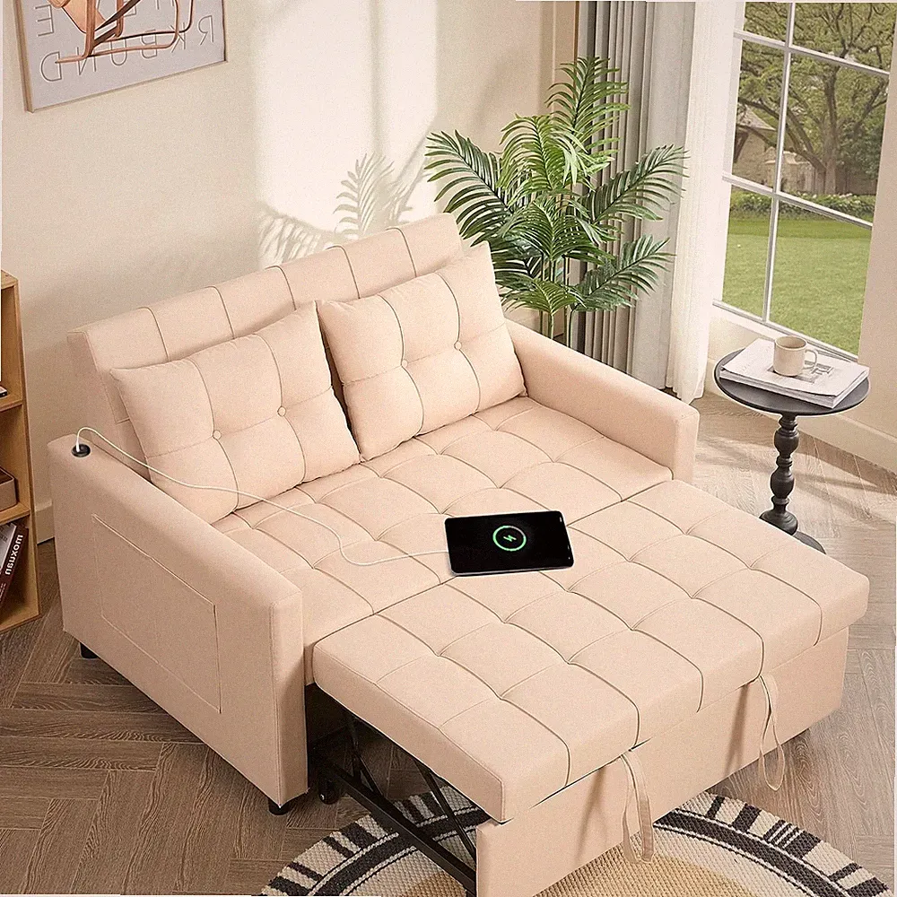 52" 3-in-1 Convertible Sleeper Sofa Bed Linen Beige | Pull-Out Bed Stepless
