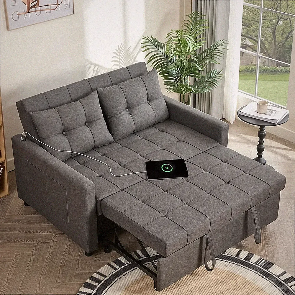 52" 3-In-1 Convertible Sleeper Sofa Bed, Linen, Dark Gray