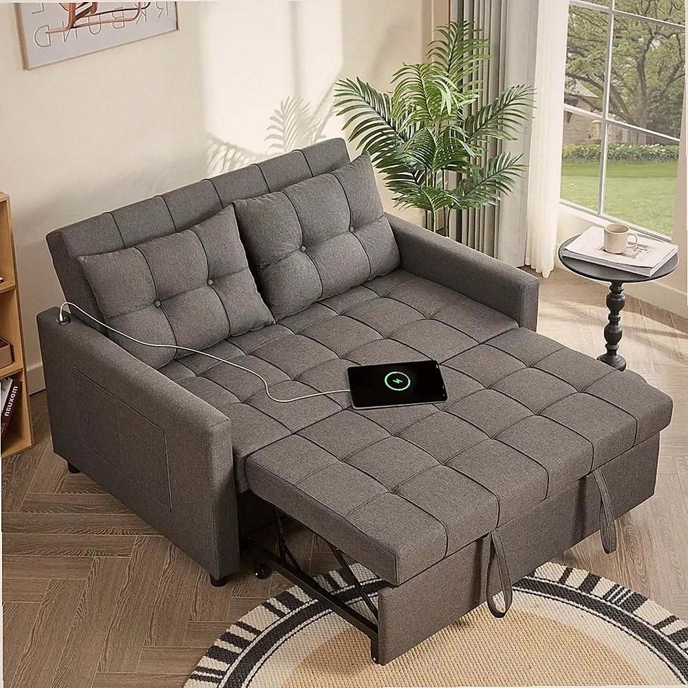 52" 3-in-1 Convertible Sleeper Sofa Bed Linen Dark Gray Pull-Out Bed