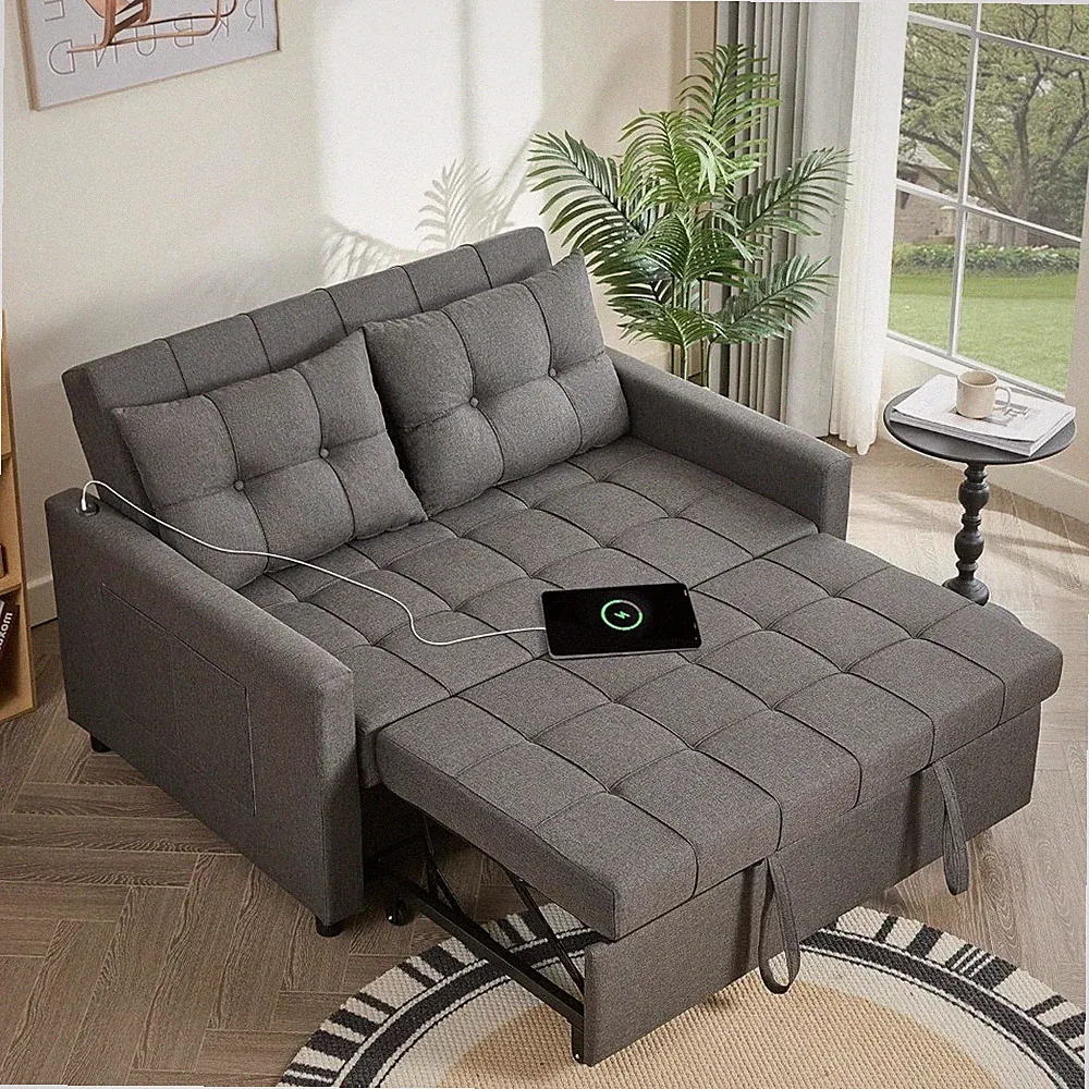 52 3-in-1 Convertible Sleeper Sofa Bed, Linen Dark Gray, Pull-Out Bed, Stepless