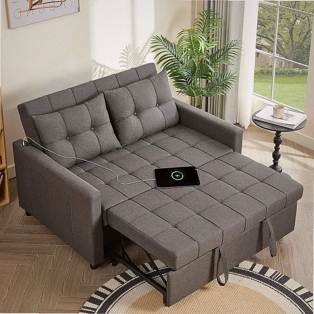 52" 3-in-1 Convertible Sleeper Sofa Bed Linen Dark Gray Pull-Out Bed Stepless