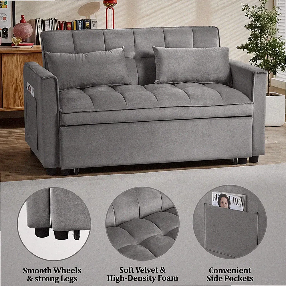 52.75 Inch Convertible Sleeper Sofa Bed Adjustable Backrest Pillows Dark Grey