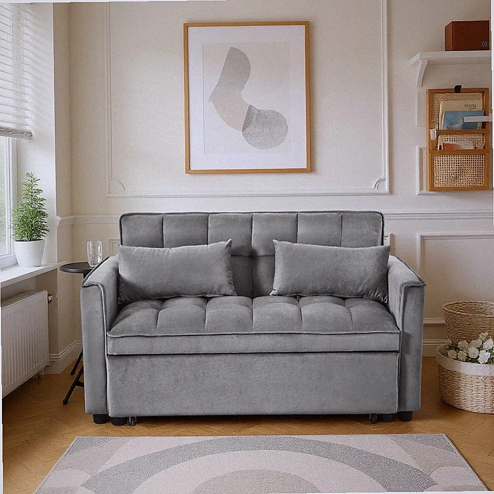 52.75 Inch Convertible Sleeper Sofa Bed Adjustable Backrest Pillows Dark Grey