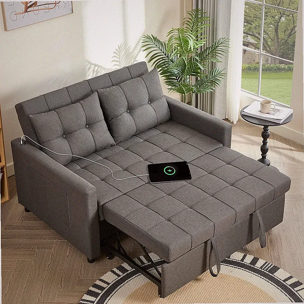 52" Convertible Sleeper Sofa Bed with Adjustable Backrest, Dark Gray Linen