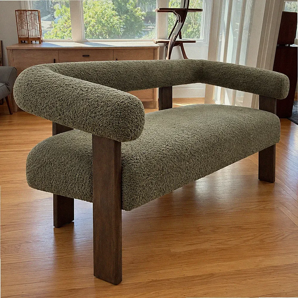 53.25" Modern Boucle Loveseat Sofa Curved Arms Wood Frame Small Couch Green MCM