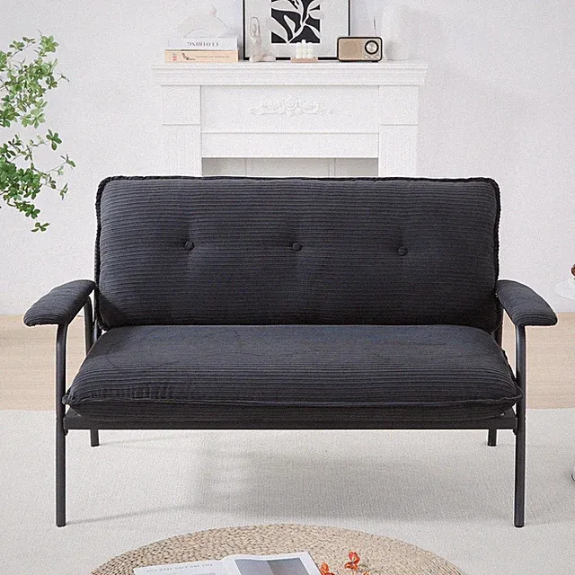 53" Black Corduroy 2-Seat Sofa with Tufted Back