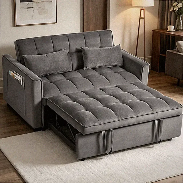 53" Modern Classic Sleeper Sofa Gray Pull-Out Velvet Folding Bed Loveseat