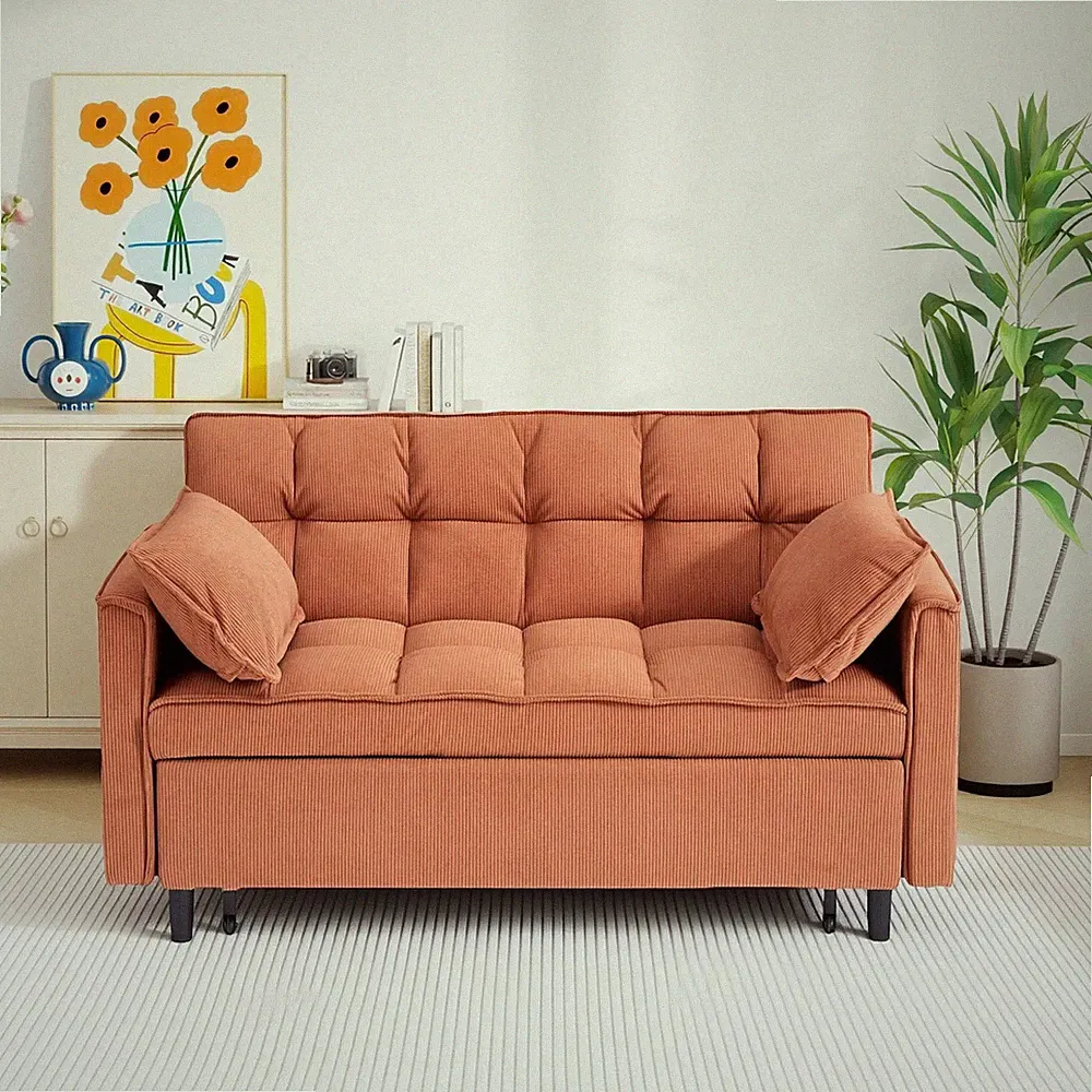 54.30" Corduroy Modular Sectional Sleeper Sofa Loveseat with Pull Out Bed Orange