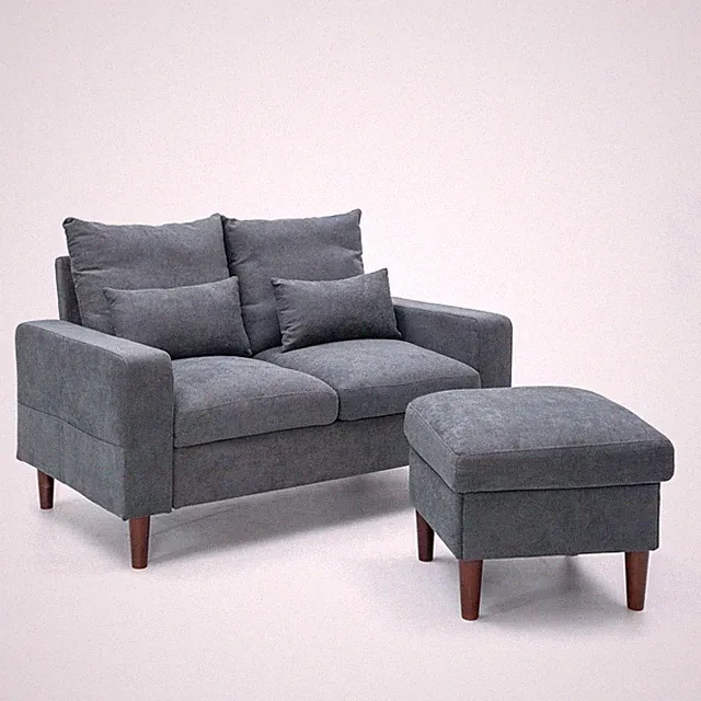 54.5" Sofa Loveseat Ottoman Gray Linen Compact 2 Seater Couch Storage Pockets