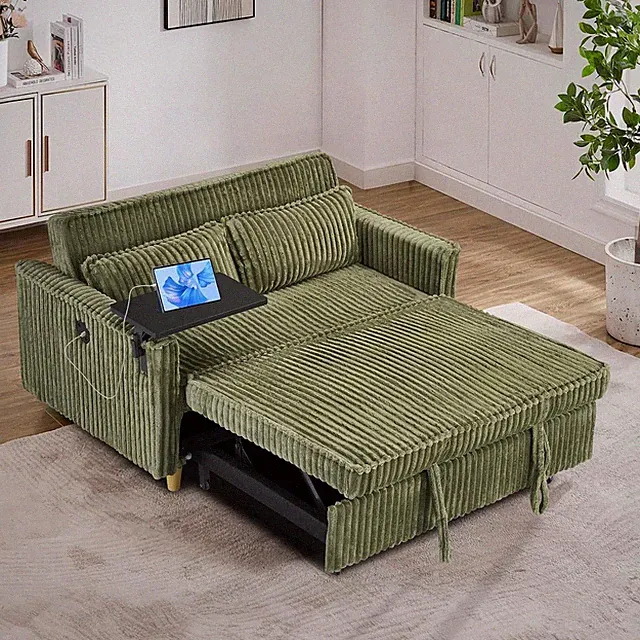 54" Convertible Corduroy Loveseat Pull Out Bed with USB & Side Tray