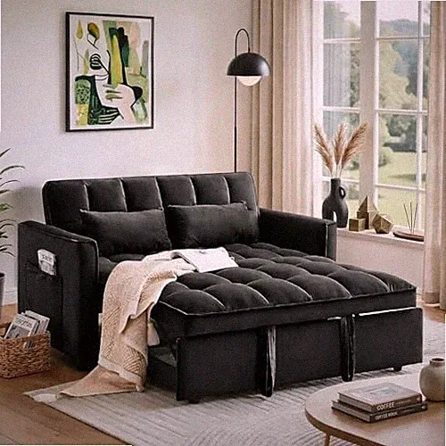 54" Convertible Pull Out Sofa Bed with Adjustable Backrest Black Soft Velvet