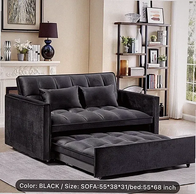 54-Inch Black Velvet 3-In-1 Convertible Sleeper Sofa Bed, Futon Couches