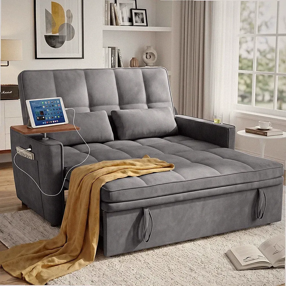 54" Modern Velvet Futon Sofa Bed Gray Pull-Out USB Convertible Cup Holder