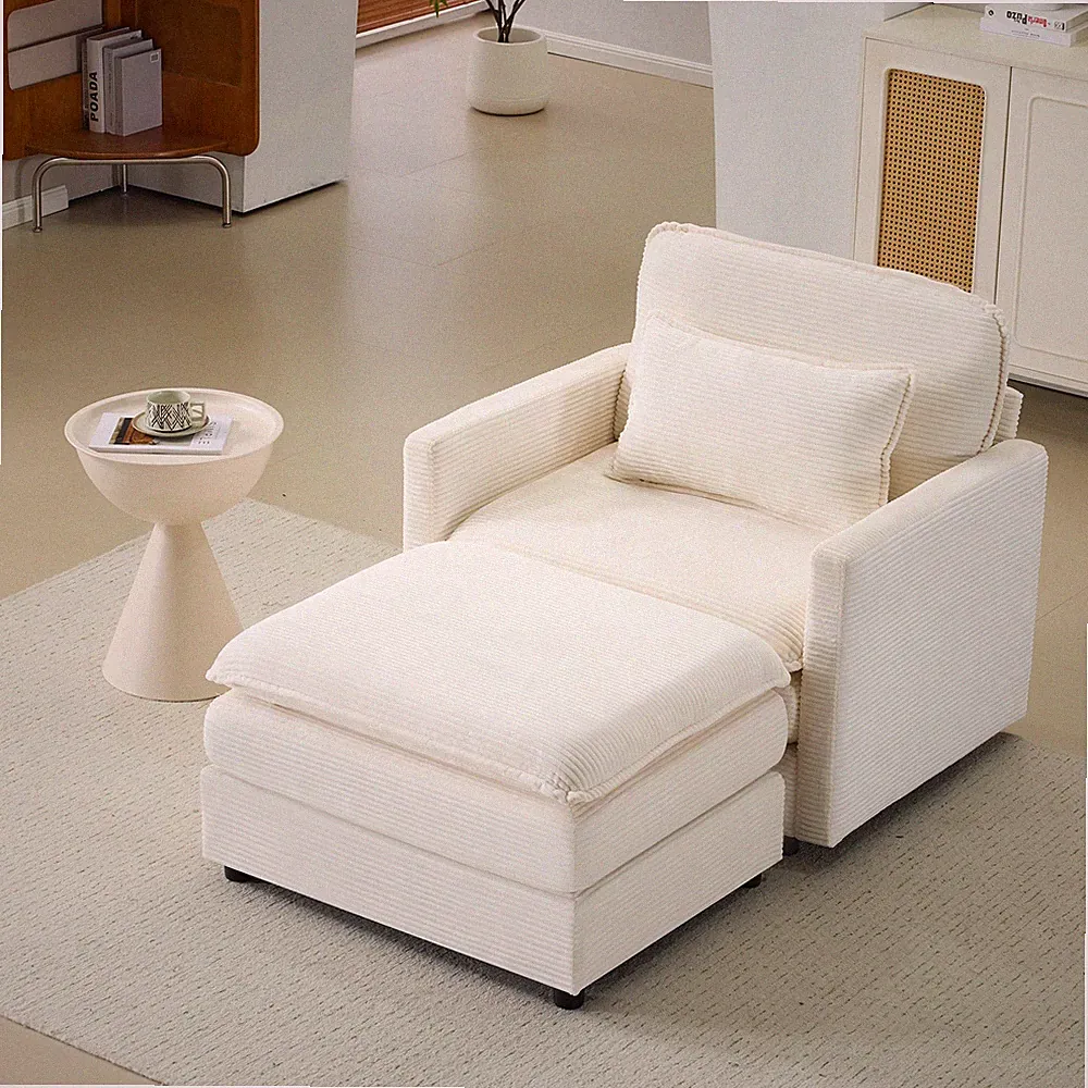 54" Plush Cloud Sofa: Modular Single + Ottoman Sofa w/22" Beige Chenille Cushion