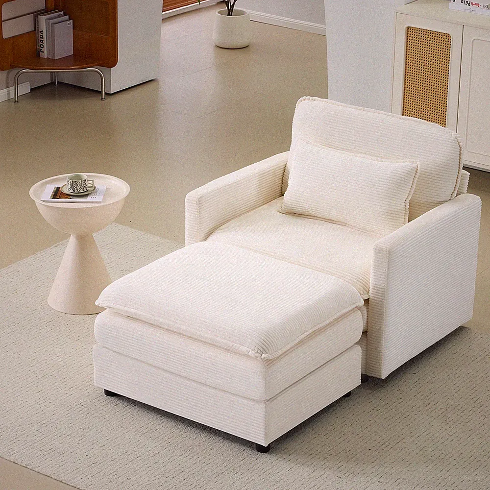 54" Plush Cloud Sofa: Modular Single + Ottoman Sofa with 22" Beige Chenille Cush