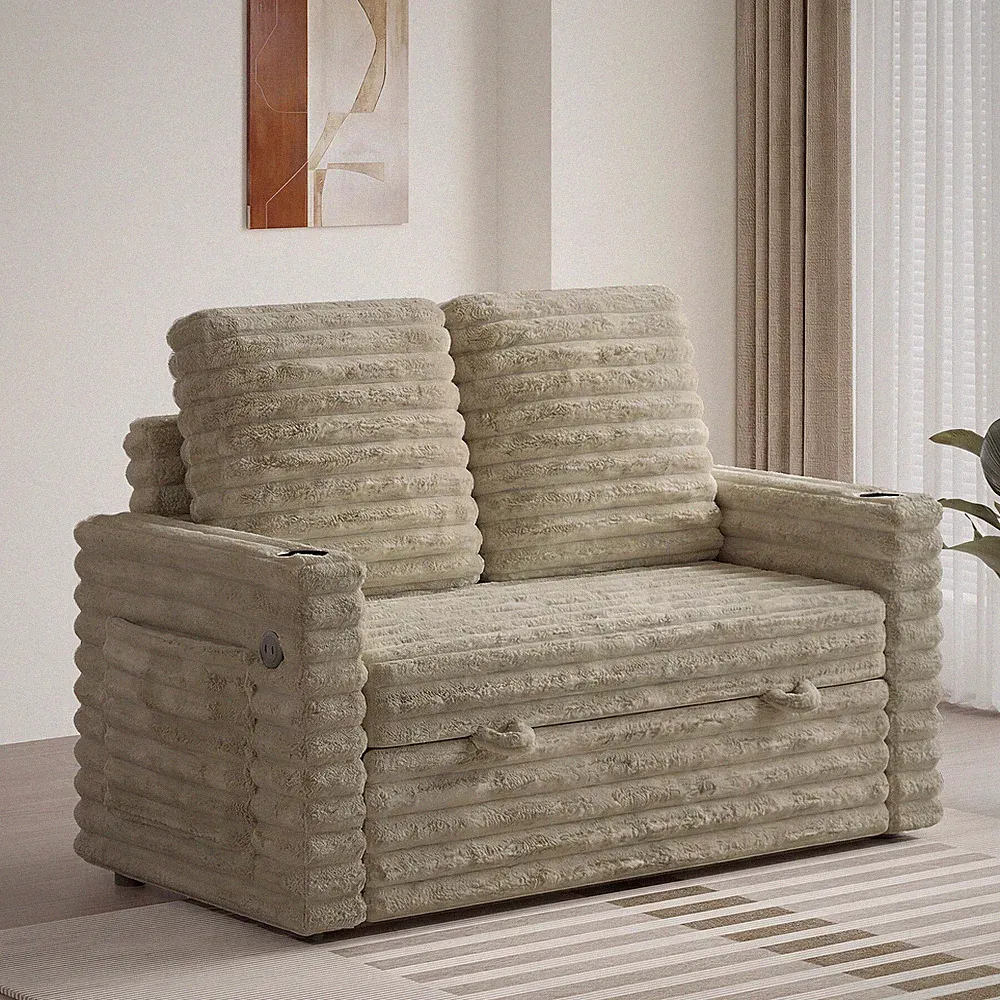 54" Plush Corduroy Reclining Loveseat Sofa Bed USB Cup Holders for Living Room